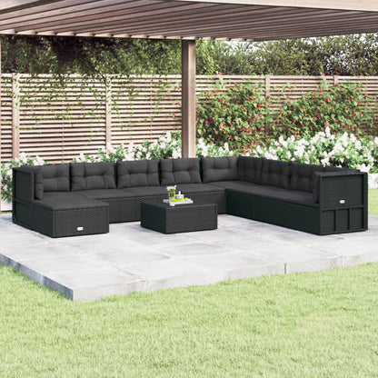 9 pcs conjunto lounge de jardim c/ almofadões vime PE preto