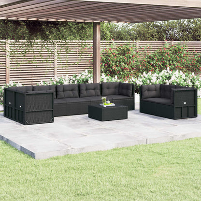 8 pcs conjunto lounge de jardim c/ almofadões vime PE preto