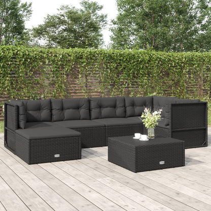 6 pcs conjunto lounge de jardim c/ almofadões vime PE preto