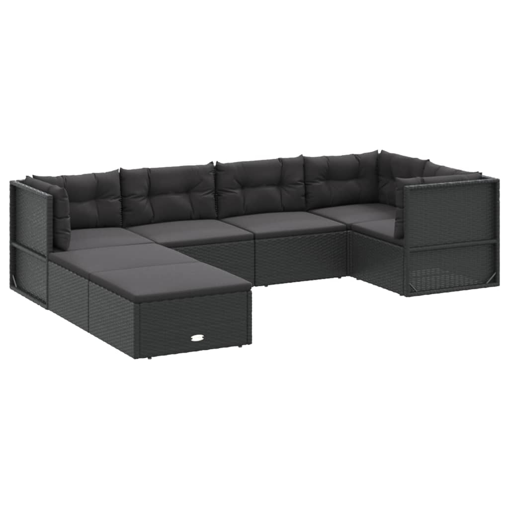 7 pcs conjunto lounge de jardim c/ almofadões vime PE preto