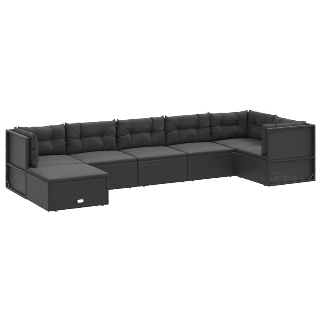 7 pcs conjunto lounge de jardim c/ almofadões vime PE preto