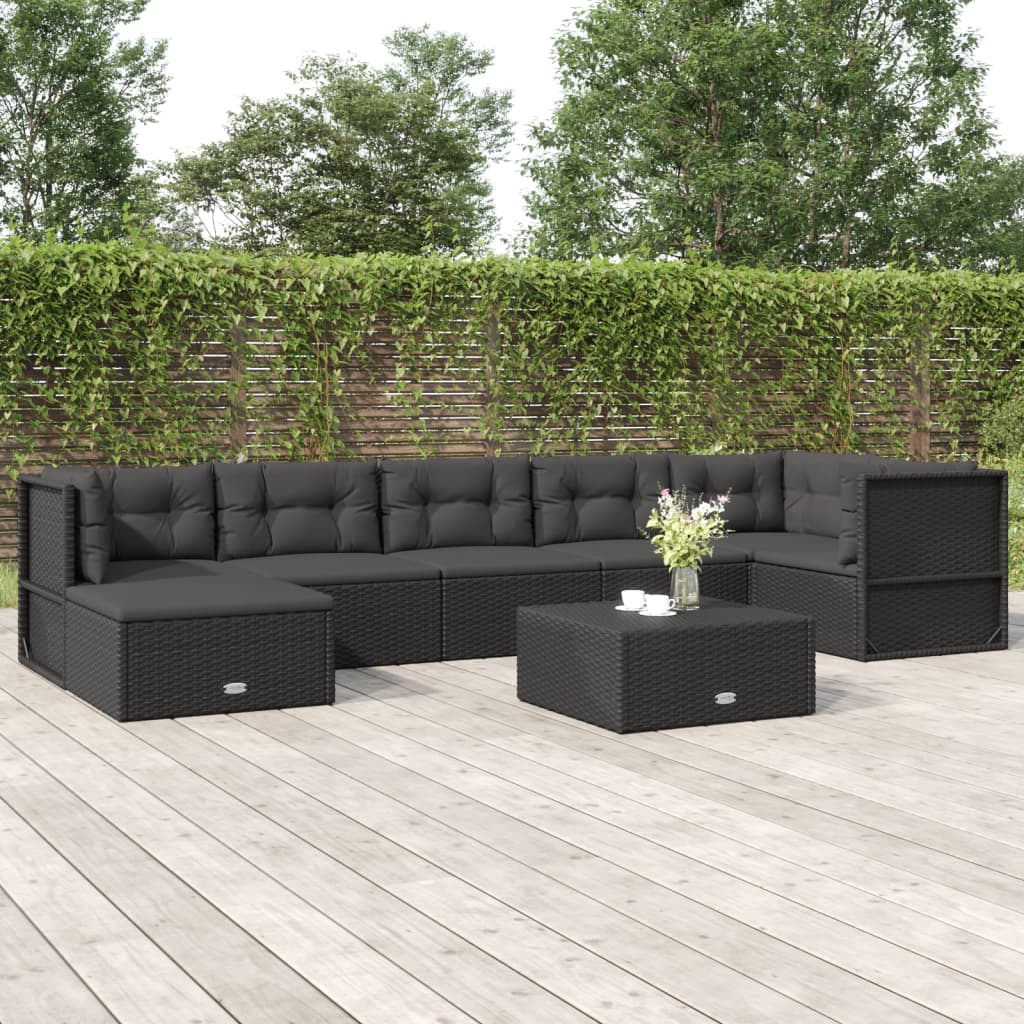 7 pcs conjunto lounge de jardim c/ almofadões vime PE preto