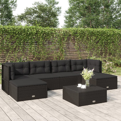 6 pcs conjunto lounge de jardim c/ almofadões vime PE preto