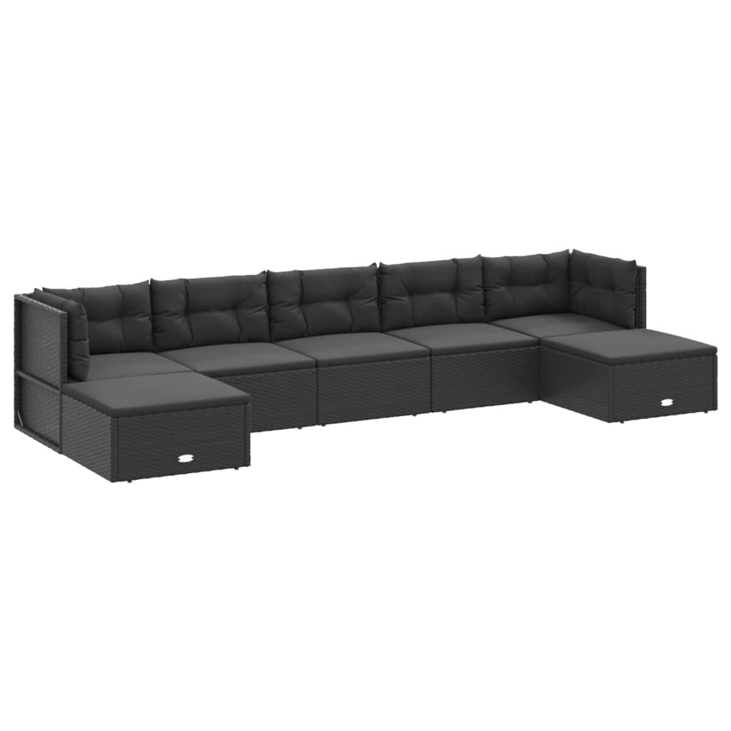 7 pcs conjunto lounge de jardim c/ almofadões vime PE preto