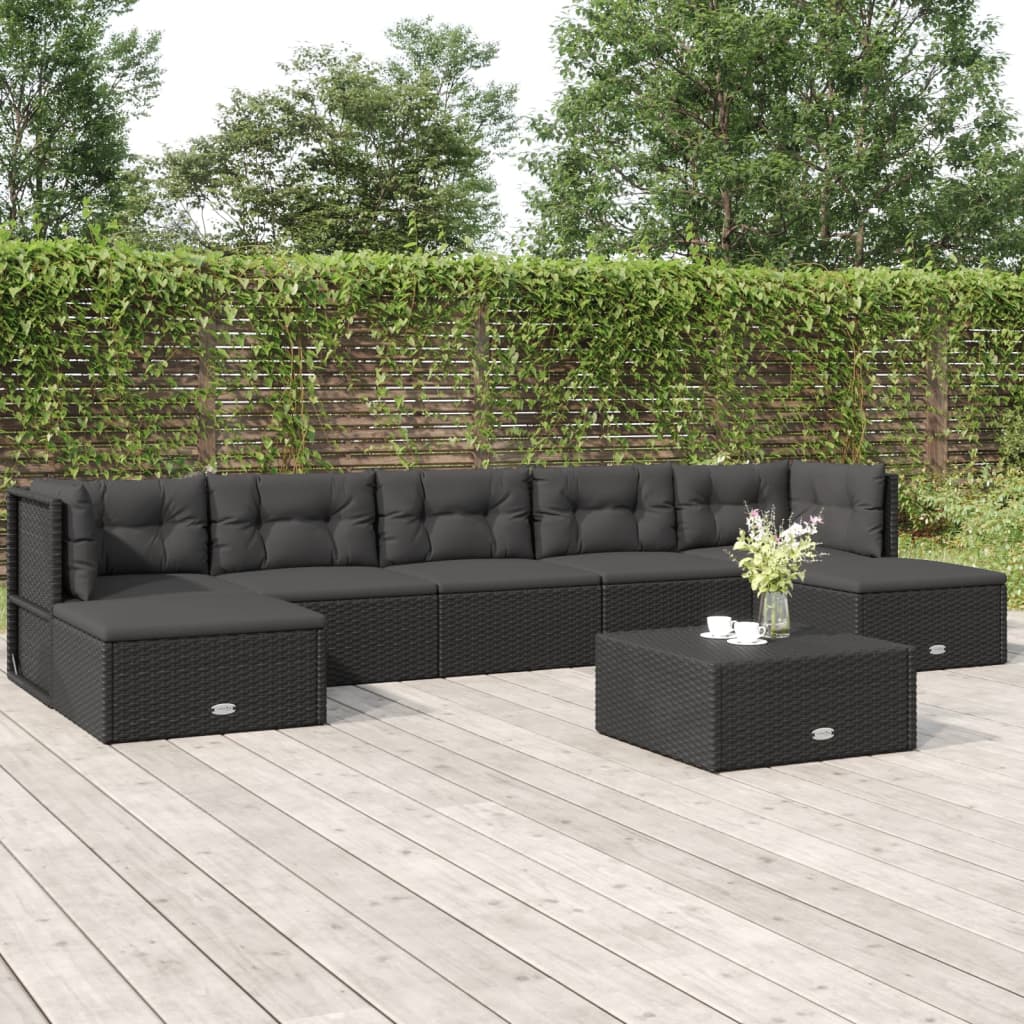 7 pcs conjunto lounge de jardim c/ almofadões vime PE preto