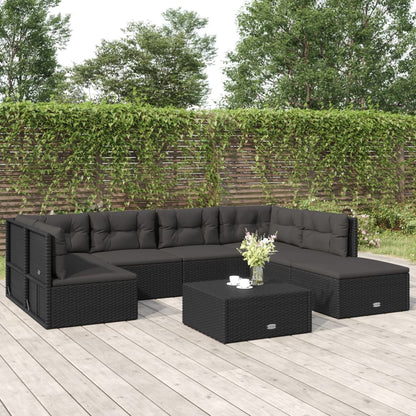 7 pcs conjunto lounge de jardim c/ almofadões vime PE preto