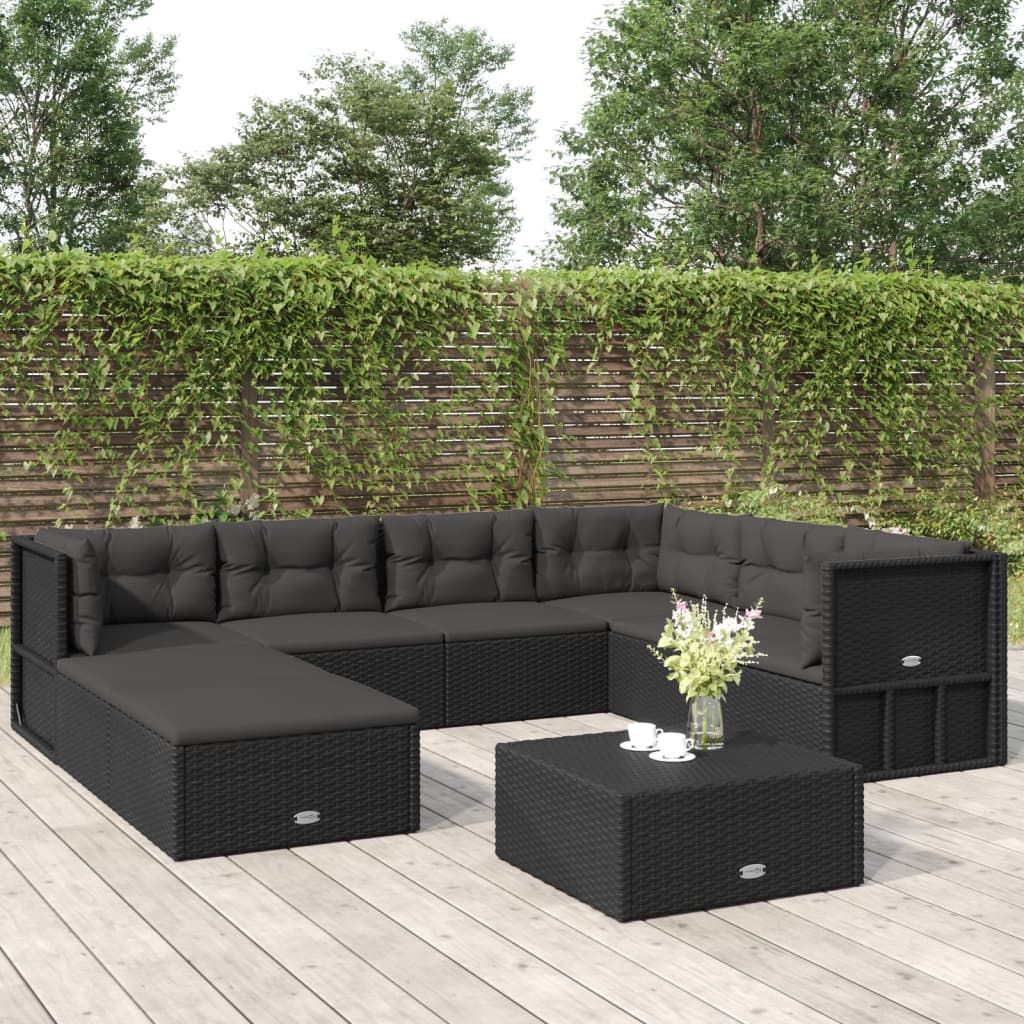 8 pcs conjunto lounge de jardim c/ almofadões vime PE preto