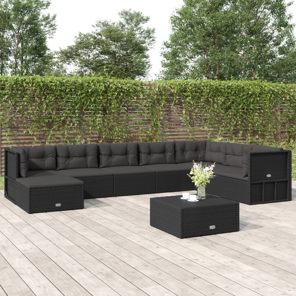 8 pcs conjunto lounge de jardim c/ almofadões vime PE preto