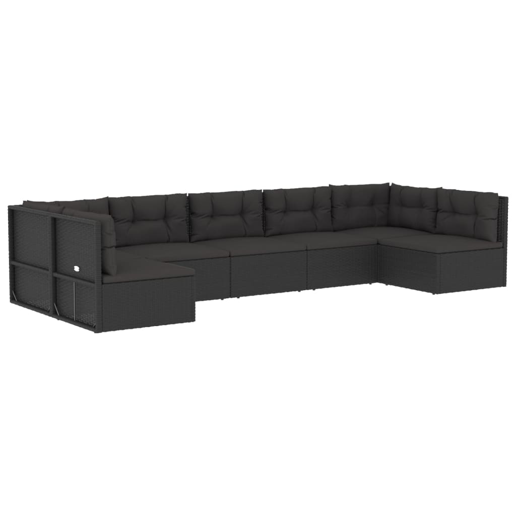 7 pcs conjunto lounge de jardim c/ almofadões vime PE preto