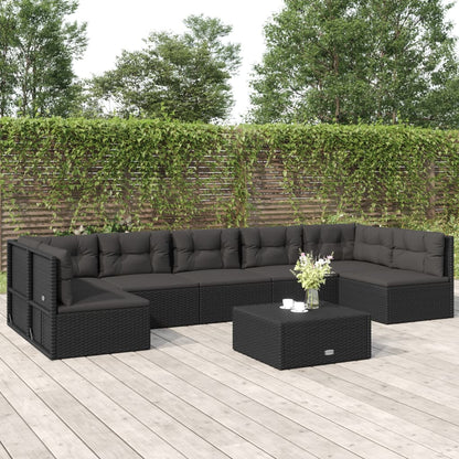 7 pcs conjunto lounge de jardim c/ almofadões vime PE preto