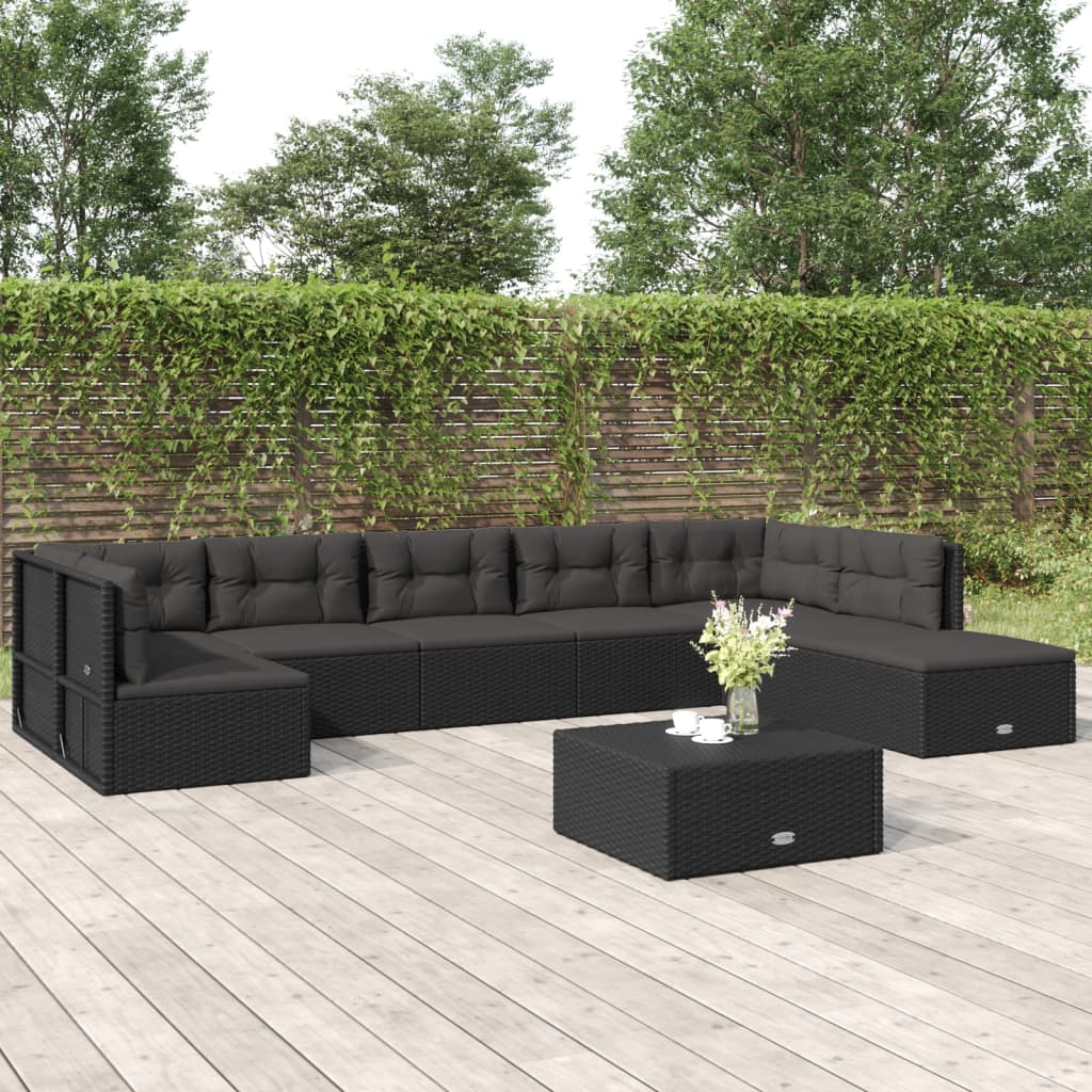 8 pcs conjunto lounge de jardim c/ almofadões vime PE preto