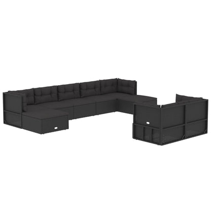 9 pcs conjunto lounge de jardim c/ almofadões vime PE preto