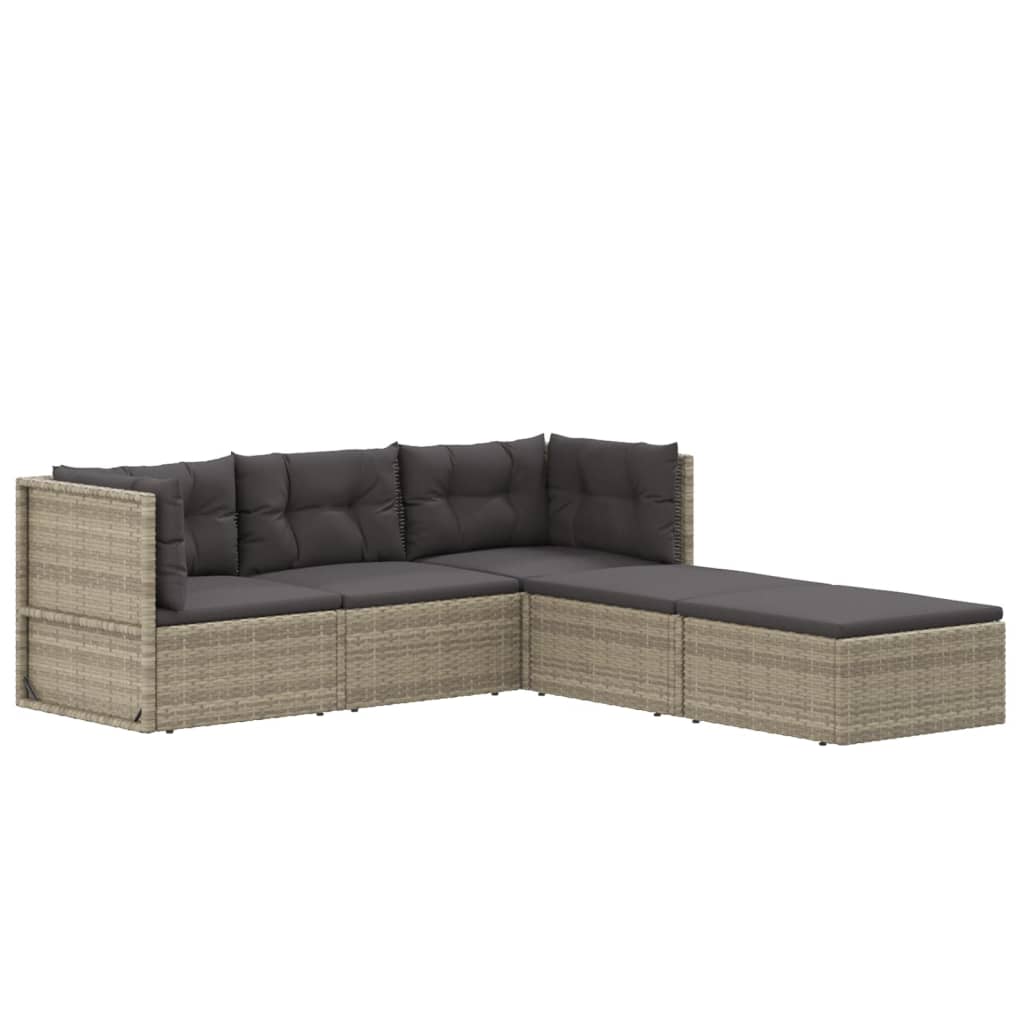 5 pcs conjunto lounge de jardim c/ almofadões vime PE cinzento