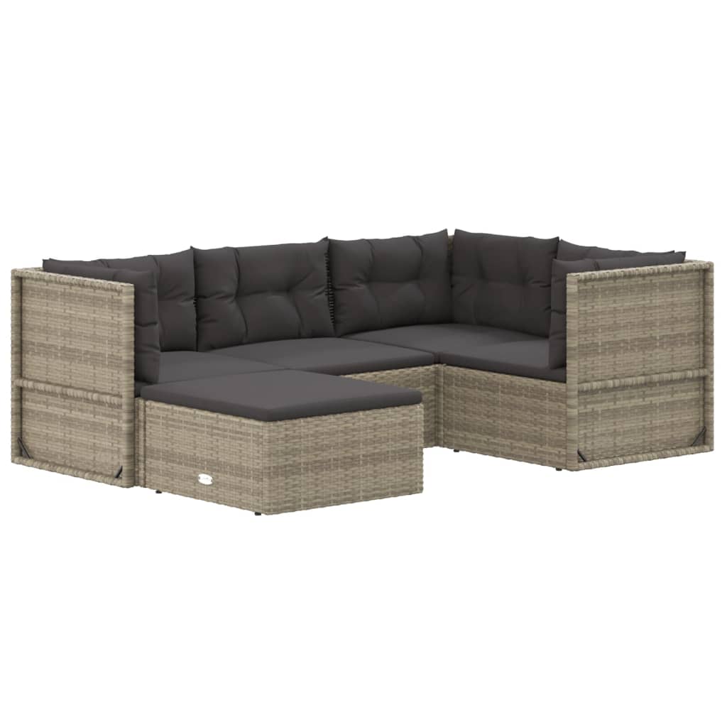 5 pcs conjunto lounge de jardim c/ almofadões vime PE cinzento