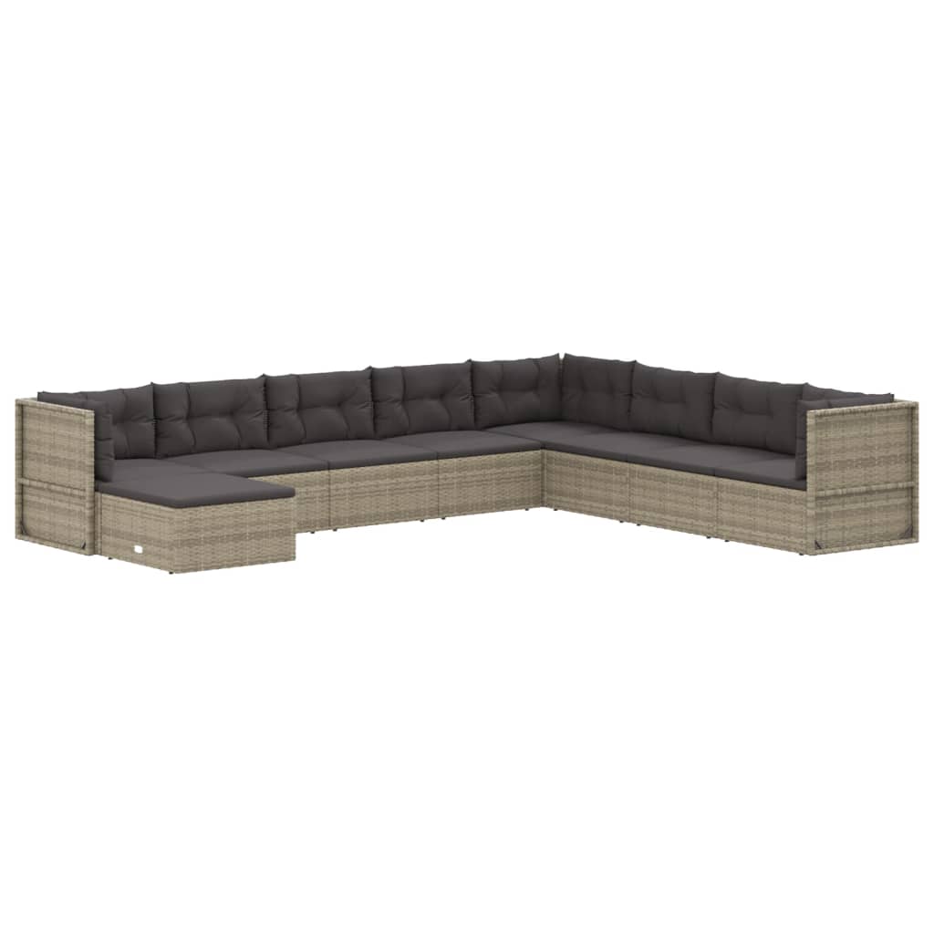 9 pcs conjunto lounge de jardim c/ almofadões vime PE cinzento