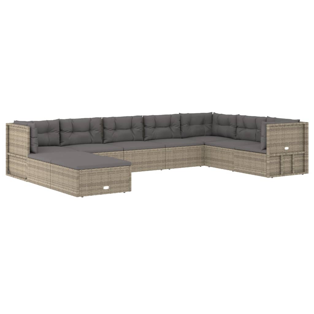 9 pcs conjunto lounge de jardim c/ almofadões vime PE cinzento