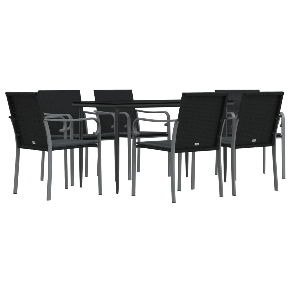 7 pcs conjunto de jantar p/ jardim c/ almofadões vime PE e aço