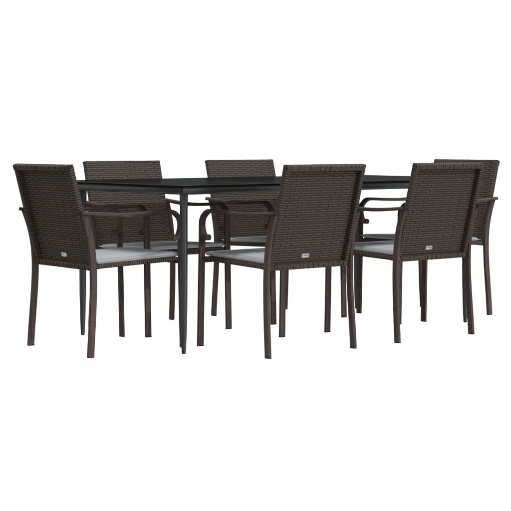 7 pcs conjunto de jantar p/ jardim c/ almofadões vime PE e aço