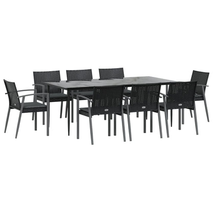 9 pcs conjunto de jantar p/ jardim com almofadões vime PE e aço