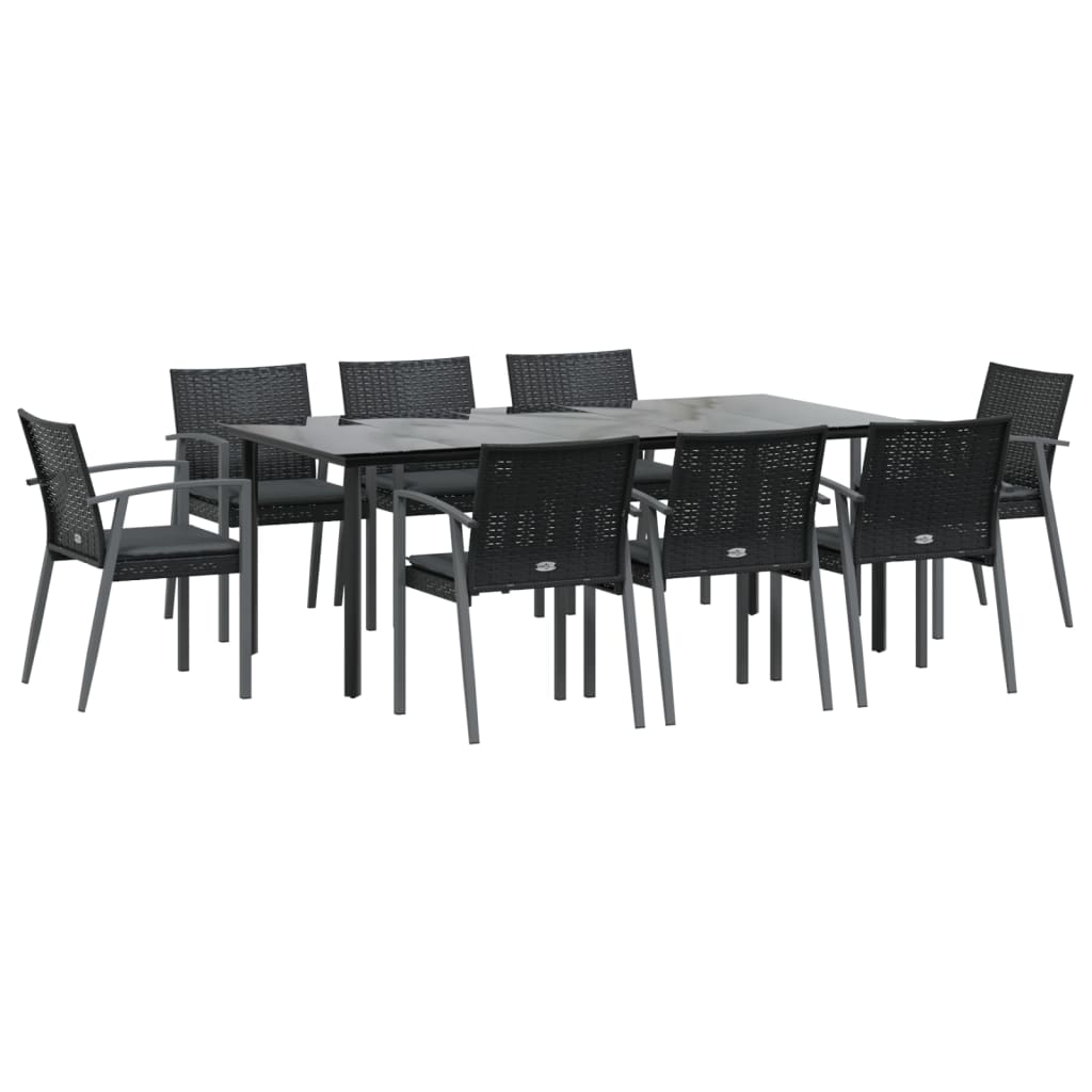 9 pcs conjunto de jantar p/ jardim com almofadões vime PE e aço