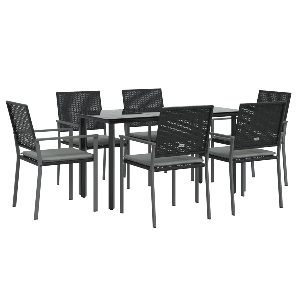 7 pcs conjunto de jantar p/ jardim c/ almofadões vime PE e aço