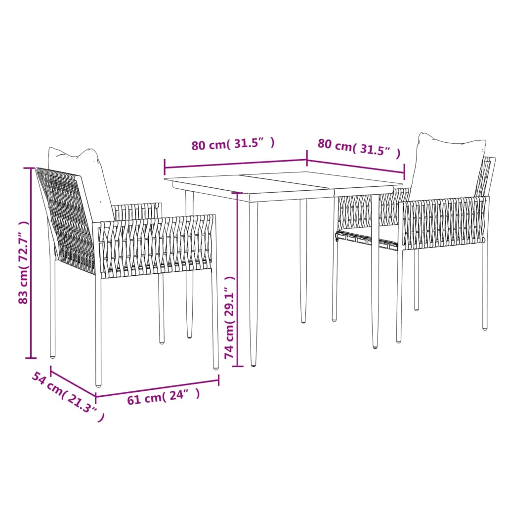 3 pcs conjunto de jantar p/ jardim c/ almofadões vime PE e aço