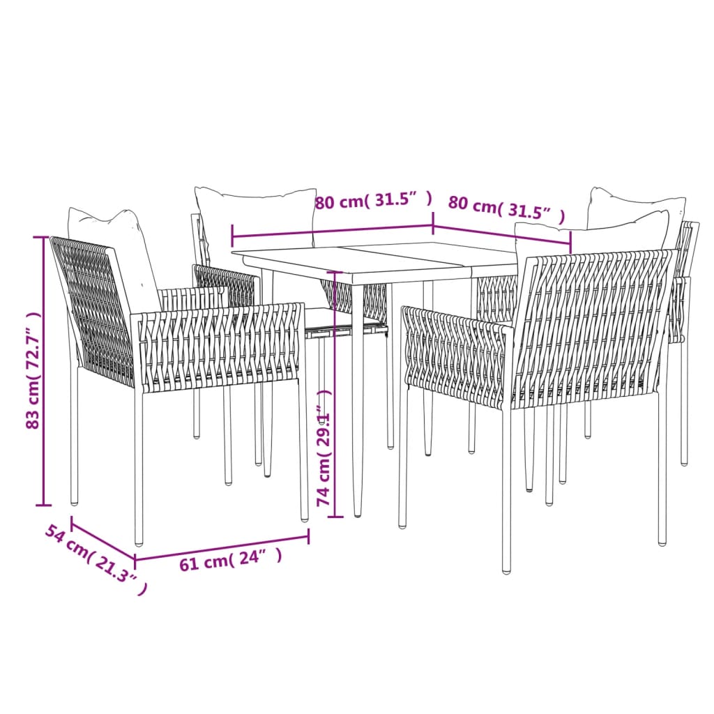 5 pcs conjunto de jantar p/ jardim c/ almofadões vime PE e aço