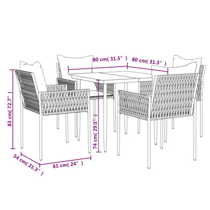 5 pcs conjunto de jantar p/ jardim c/ almofadões vime PE e aço