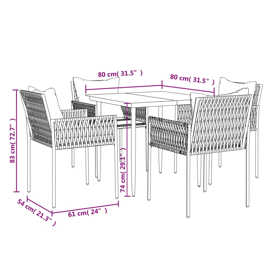 5 pcs conjunto de jantar p/ jardim c/ almofadões vime PE e aço