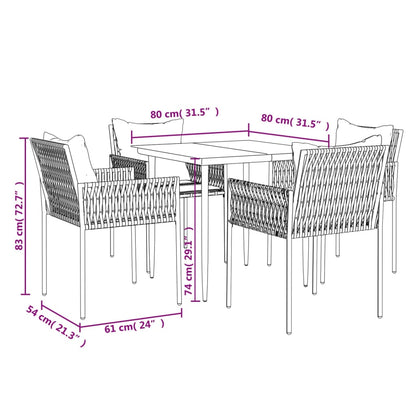 5 pcs conjunto de jantar p/ jardim c/ almofadões vime PE e aço