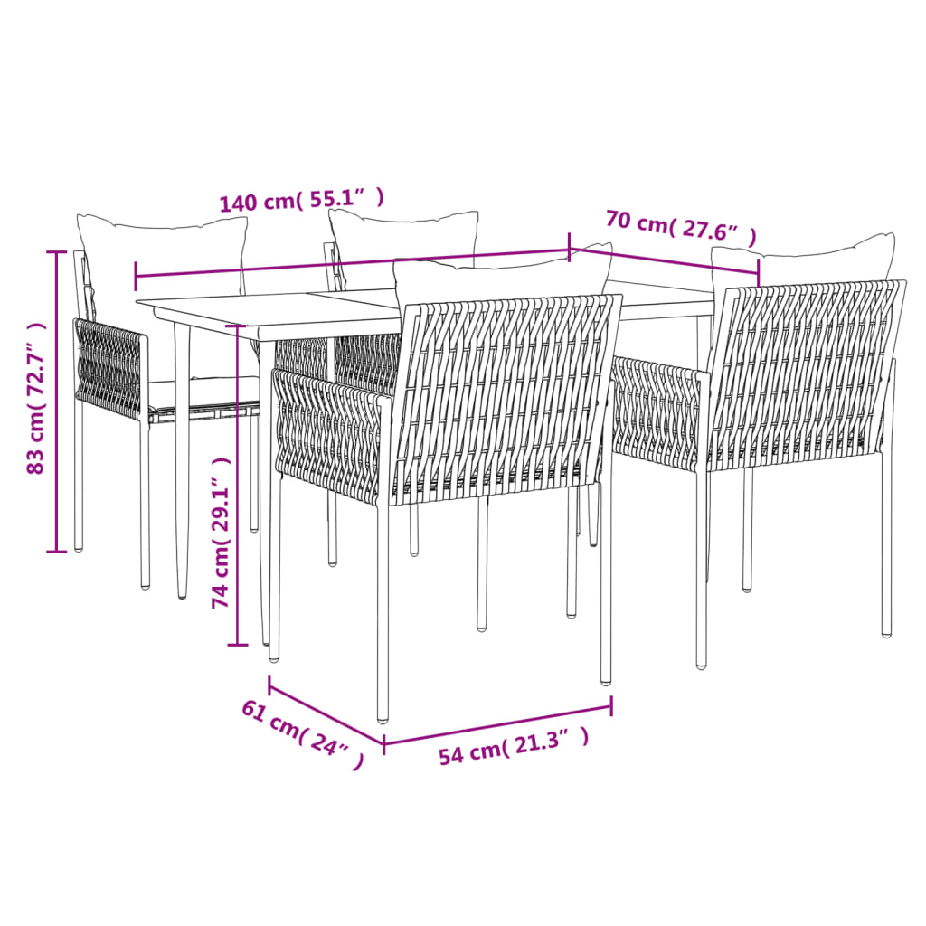 5 pcs conjunto de jantar p/ jardim c/ almofadões vime PE e aço