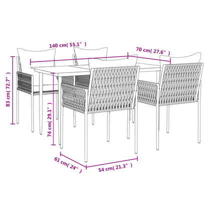 5 pcs conjunto de jantar p/ jardim c/ almofadões vime PE e aço