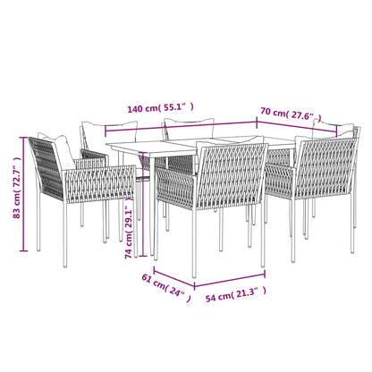 7 pcs conjunto de jantar p/ jardim c/ almofadões vime PE e aço