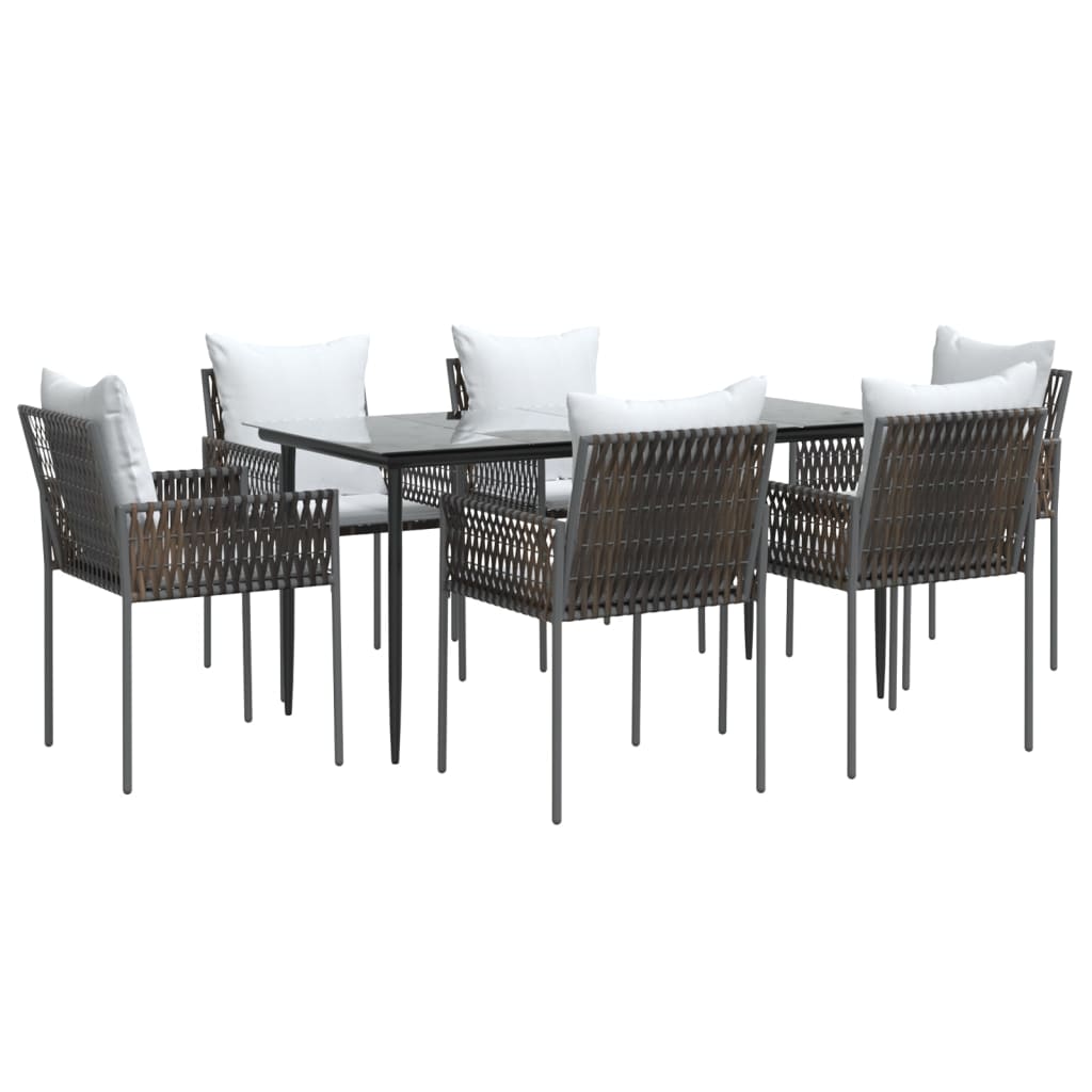 7 pcs conjunto de jantar p/ jardim c/ almofadões vime PE e aço