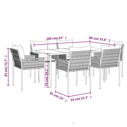 7 pcs conjunto de jantar p/ jardim c/ almofadões vime PE e aço