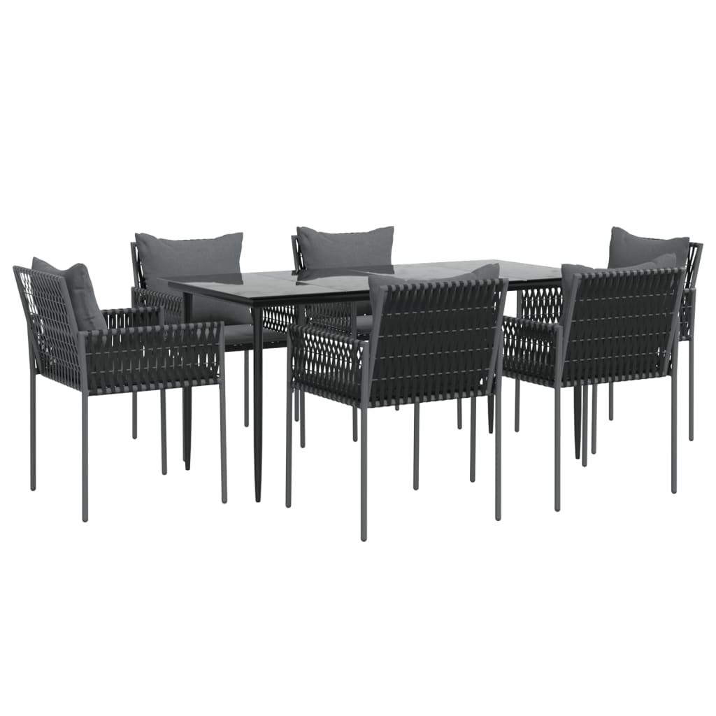 7 pcs conjunto de jantar p/ jardim c/ almofadões vime PE e aço