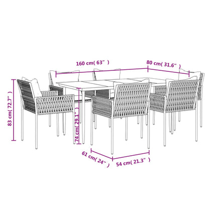 7 pcs conjunto de jantar p/ jardim c/ almofadões vime PE e aço