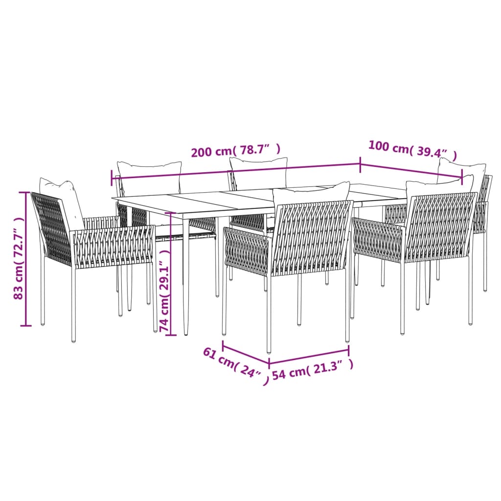 7 pcs conjunto de jantar p/ jardim c/ almofadões vime PE e aço