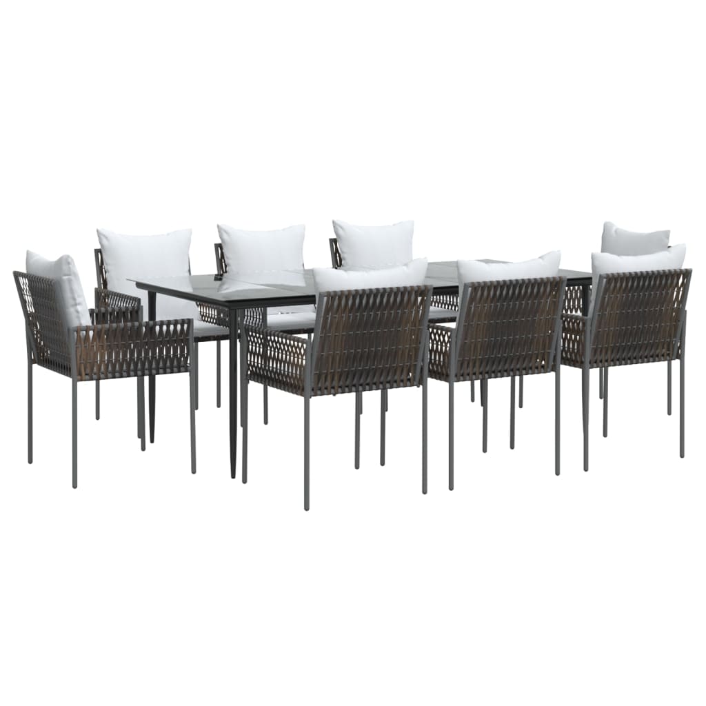 9 pcs conjunto de jantar p/ jardim com almofadões vime PE e aço