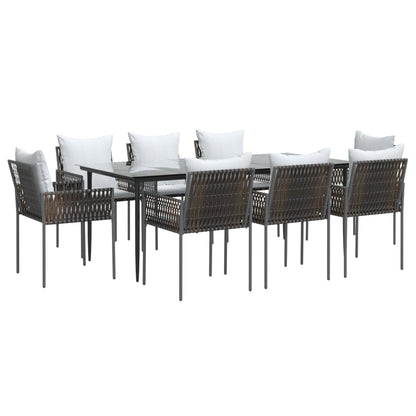 9 pcs conjunto de jantar p/ jardim com almofadões vime PE e aço