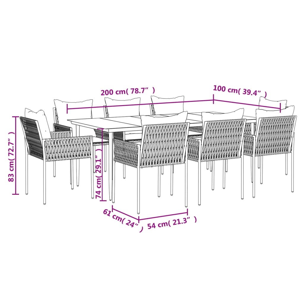 9 pcs conjunto de jantar p/ jardim com almofadões vime PE e aço