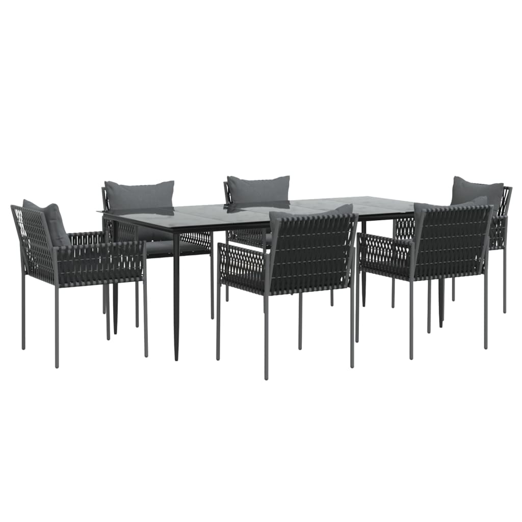 7 pcs conjunto de jantar p/ jardim c/ almofadões vime PE e aço