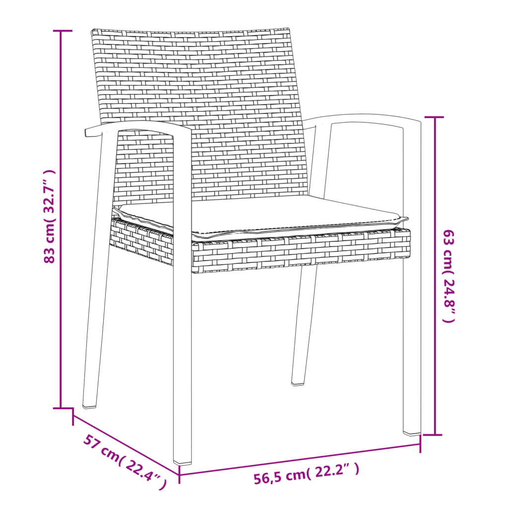 Cadeiras jardim + almofadões 4pcs 56,5x57x83cm vime PE castanho