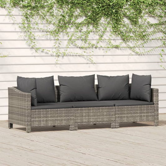 3 pcs conjunto lounge de jardim c/ almofadões vime PE cinzento