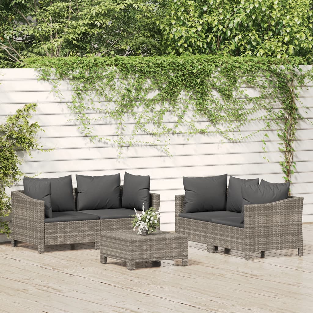 5 pcs conjunto lounge de jardim c/ almofadões vime PE cinzento