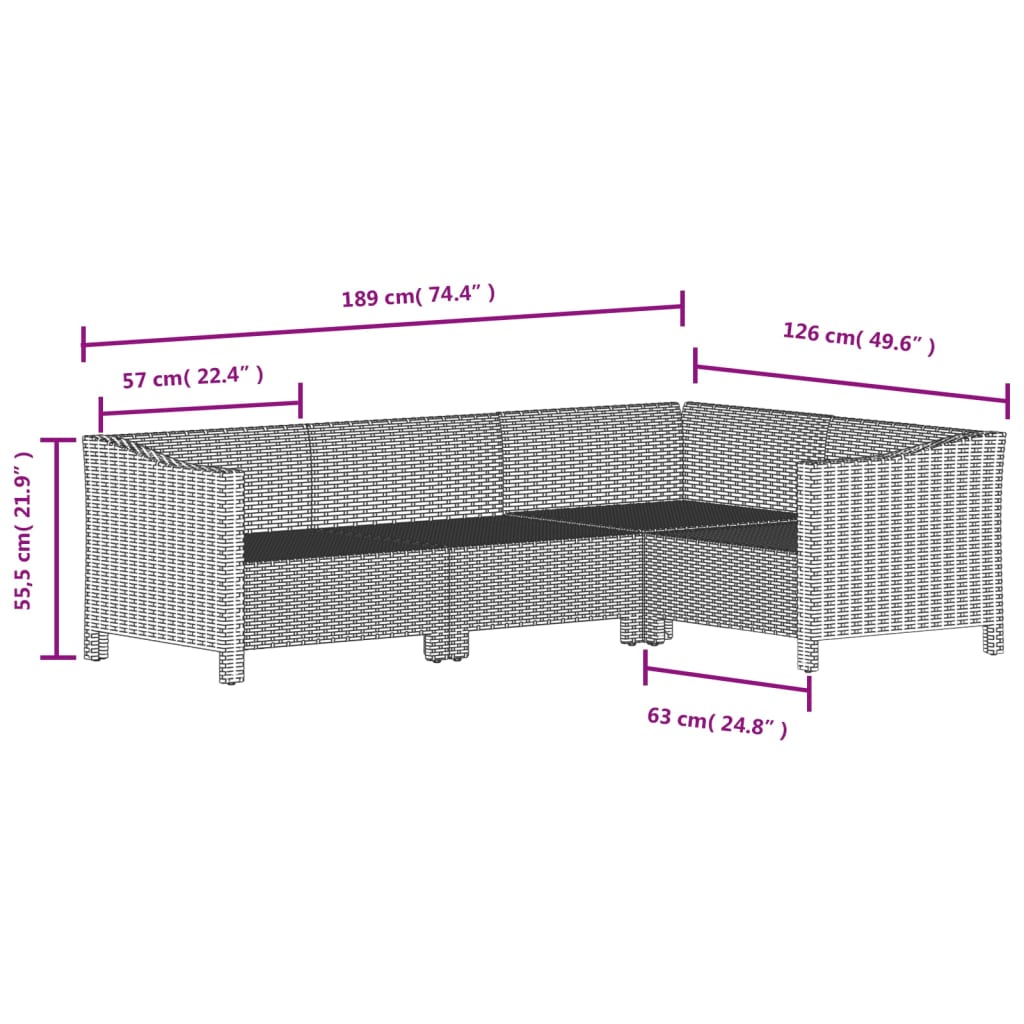 4 pcs conjunto lounge de jardim c/ almofadões vime PE cinzento