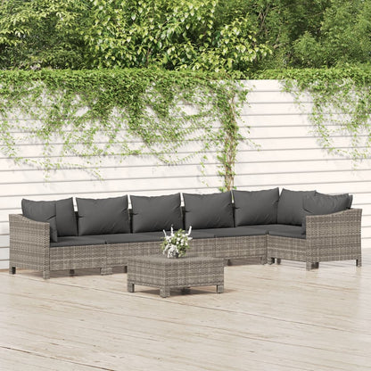 7 pcs conjunto lounge de jardim c/ almofadões vime PE cinzento