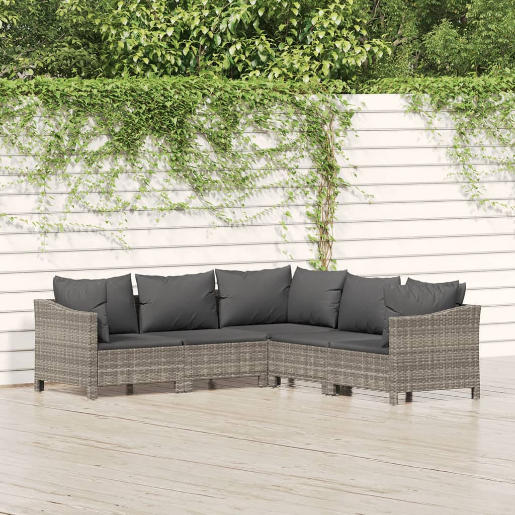 5 pcs conjunto lounge de jardim c/ almofadões vime PE cinzento