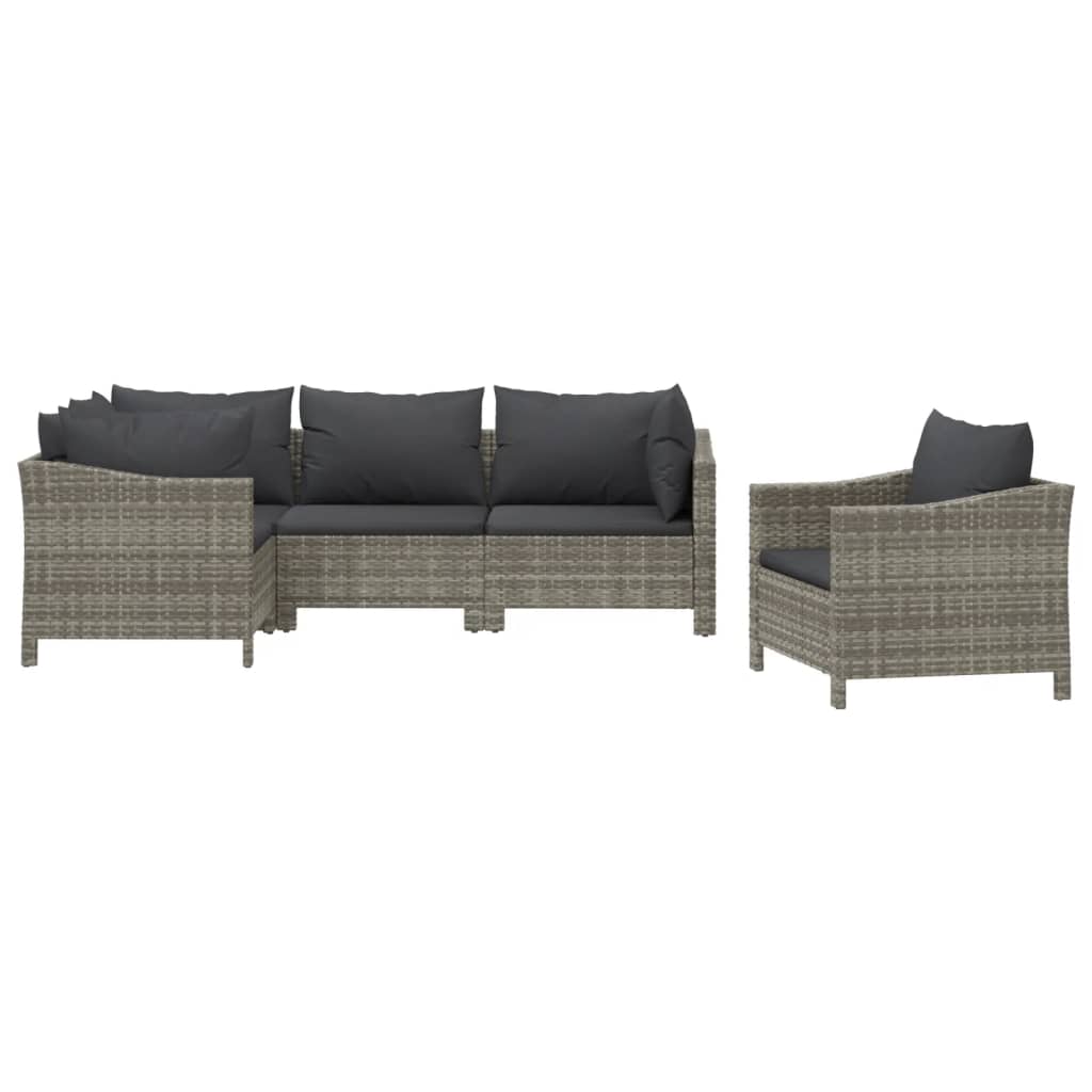 5 pcs conjunto lounge de jardim c/ almofadões vime PE cinzento