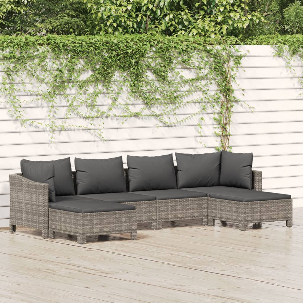 6 pcs conjunto lounge de jardim c/ almofadões vime PE cinzento